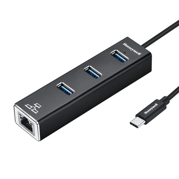 Honeywell 4-in-1 Type C 3.1 to USB 3.0 with RJ45 Gigabit Ethernet Adapter, 5GBPS Transfer Speed, 3x3.0 USB Ports, 1Gbps Bandwidth, Universally Compatible with Type C MacBooks, laptops, PCs, Tablets