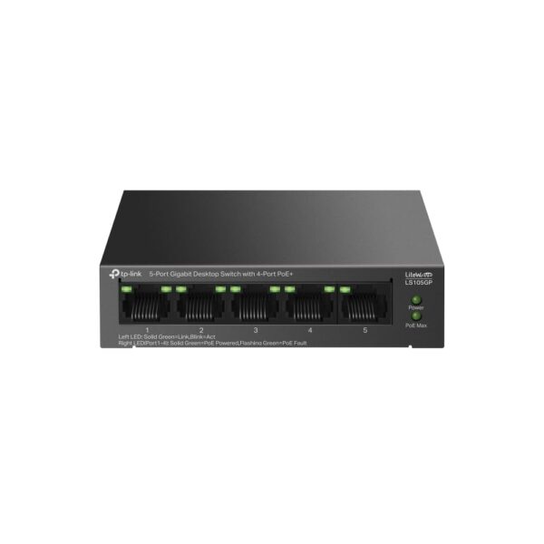 TP-Link 5-Port Gigabit Desktop Ethernet Switch with 4-Port PoE+, 65 W PoE Budget, PoE Auto Recovery, Plug & Play, Metal Case, Ideal for IP Surveillance & Network Security (LS105GP)