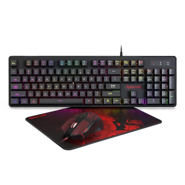 Redragon S107 3 in 1 Essential Wired USB Gaming Keyboard and Mouse Set - M608 3200 DPI Gaming Mouse + K509 Semi-Mechanical Keyboard + P016 Large Gaming Mousepad