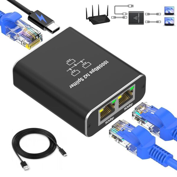 Verilux® USB-C Powered Dual Gigabit Ethernet Splitter 1000Mbps 1 to 2 Ports High-Speed Network Splitter for Streaming & Gaming Portable, Compact, Plug & Play Ideal for Home, Office, Travel