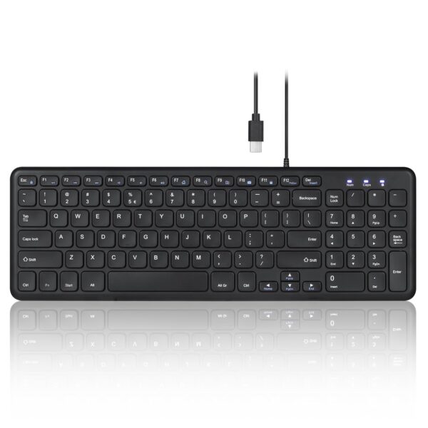 Perixx PERIBOARD-213C Wired Silent USB-C Scissor Keyboard - 14.45x4.76x0.71 Inches Compact Design with Number Pad - Black - US English