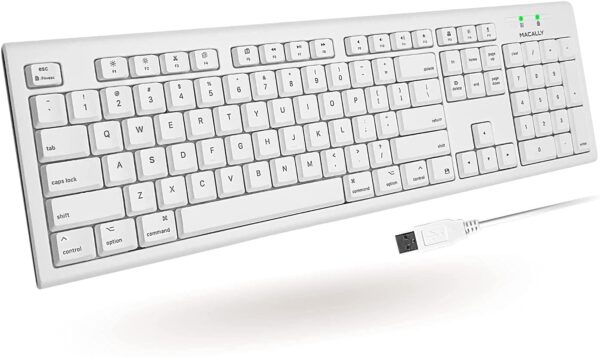 Macally Full-Size USB Wired Keyboard for Mac Mini/Pro, iMac Desktop Computer, MacBook Pro/Air Desktop w/ 16 Compatible Apple Shortcuts, Extended with Number Keypad, Rubber Domed Keycaps - Spill Proof