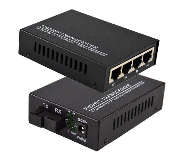 Hanutech Fast Ethernet To Fiber Media Converter 4 RJ45 Port 10/100M Base-Tx To 100M Base-Fx Single Mode Single Fiber SMSF Upto 20KM