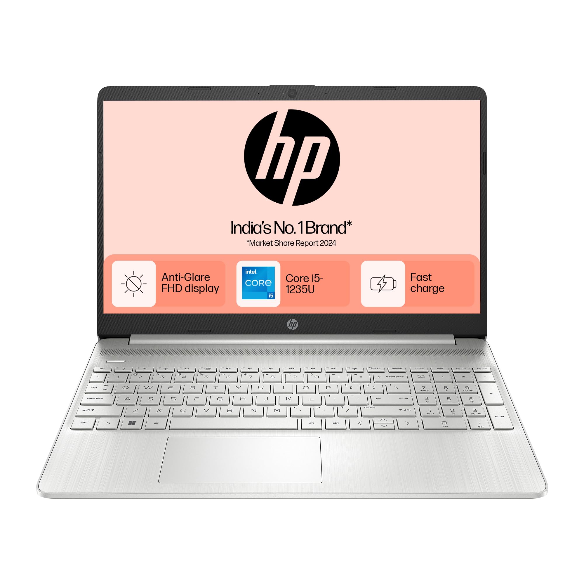 HP 15s Laptop 12th Gen Intel Core i5-1235U, 8GB DDR4, 512GB SSD, (Win 11, Office 21, Silver, 15.6-inch FHD, Intel UHD Graphics, HD Camera, Backlit KB, 1.69kg) fq5111TU/fy5008tu