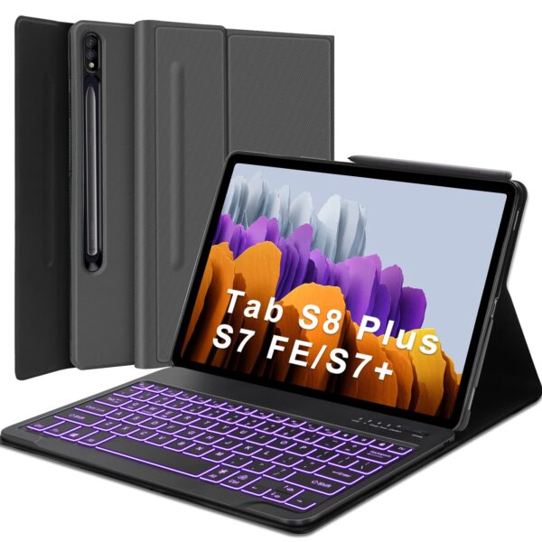 Samsung Galaxy Tab S8 Plus/S7 Plus /S7 FE Keyboard Case 12.4 inch, 7 Colors Backlit and Detachable Wireless Keyboard & Slim Stand with S Pen Holder for Tab S7 FE 2021/S7 Plus 2020/S8+ 2022, Gray