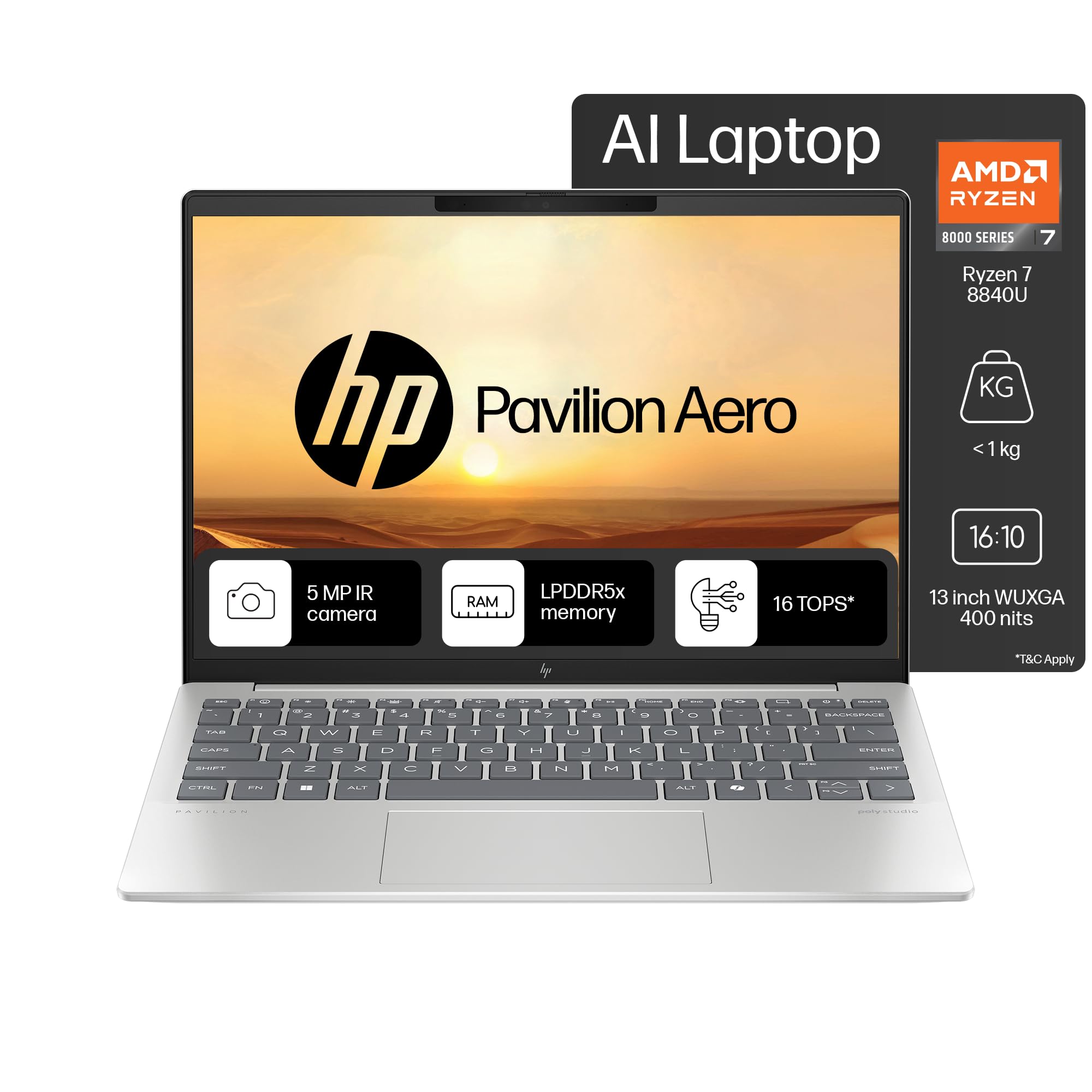 HP Pavilion Aero AI Laptop, AMD Ryzen 7 8840U, 16 Tops, 16GB LPDDR5x, 512GB SSD, (Win11, Office21, Silver, < 1kg), 13.3-inch (33.8cm), Ultra-Light, WUXGA, AMD Radeon Graphics, 5MP Camera, bg0017AU