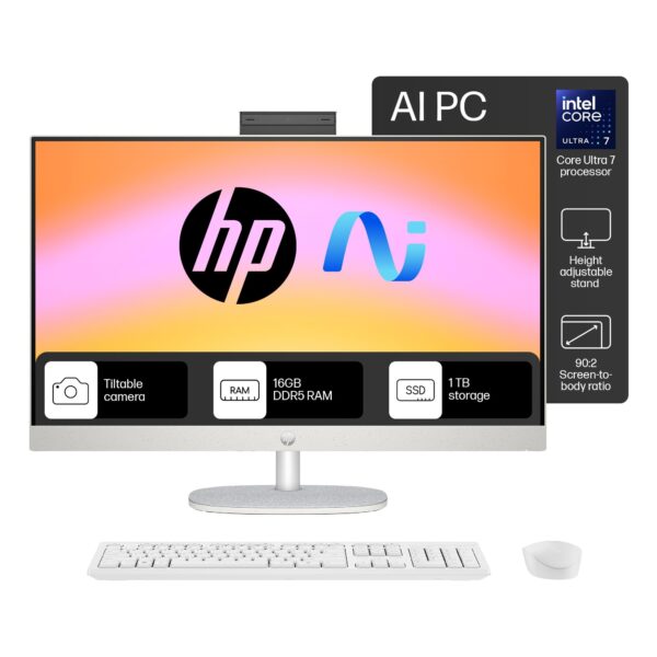 HP All-in-One 27, Intel Core Ultra 7 155U, 27inch (68.6 cm), FHD,IPS,Three-Sided Micro-Edge, Anti-Glare,300 nits,16 GB DDR5,1TB SSD,Windows 11,MSO21,Shell White,6.72kg,27-cr1007in