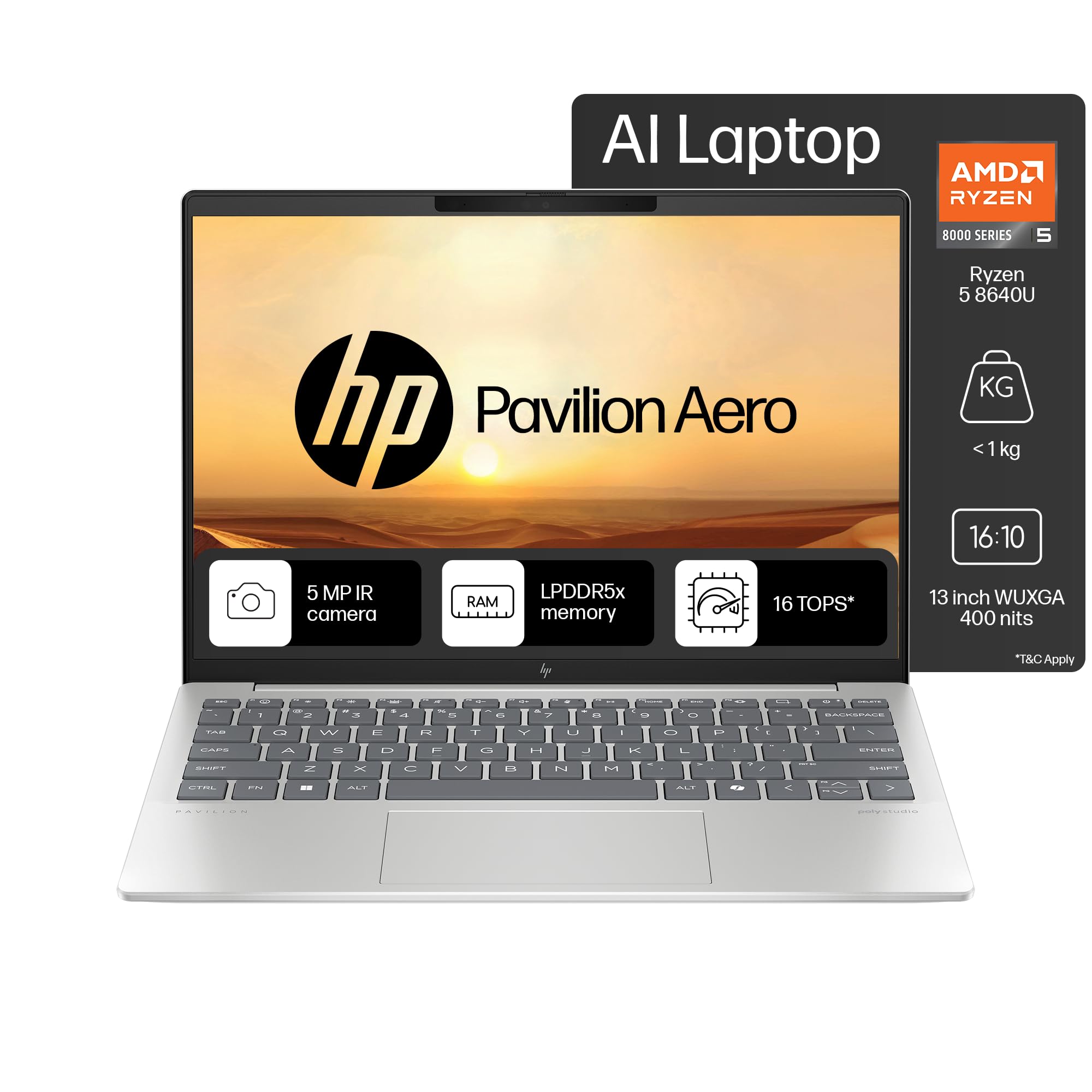 HP Pavilion Aero AI Laptop, AMD Ryzen 5 8640U, 16 Tops, 16GB LPDDR5x, 512GB SSD, (Win 11, Office 21, Silver, < 1kg) 13.3-inch (33.8cm), Ultra-Light, WUXGA, AMD Radeon Graphics, 5MP Camera, bg0016AU