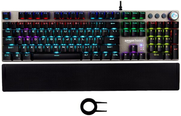 amazon basics Pro Series Mechanical Keyboard with Drive Customization | RGB LED Lights | Media Control Knob | High-Response Mechanical Switches | Wrist Support | Durable Keycaps | Plug & Play (Black)